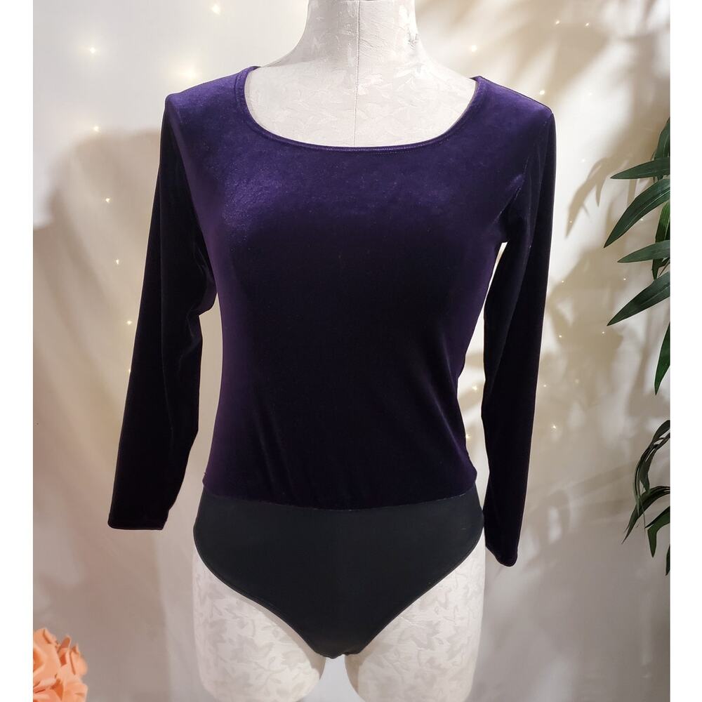 Vtg 90s G Wheels Velvet Long Sleeve Stretch Bodysuit Size M Purple Whimsigoth